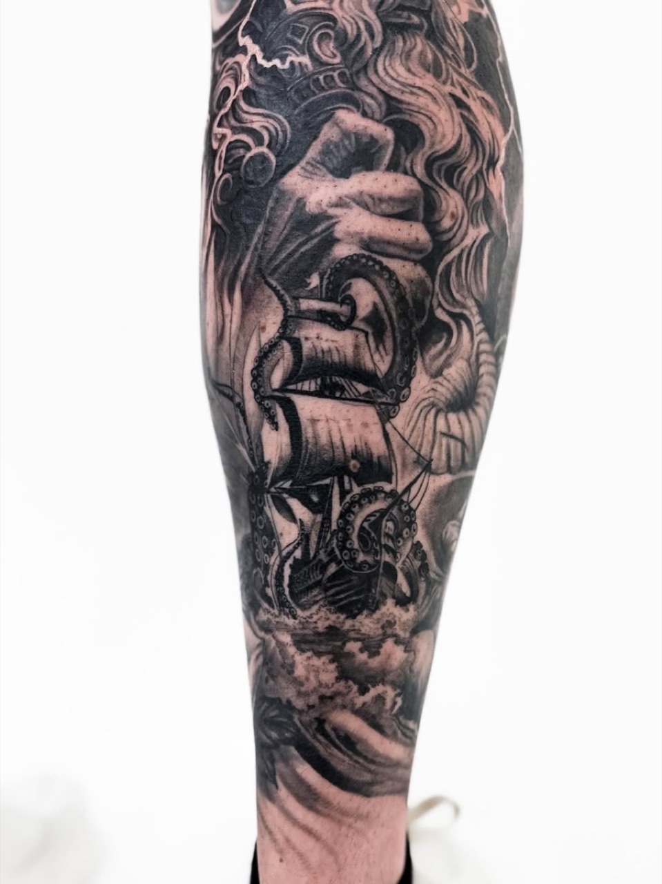 Black and grey realism leg sleeve, Queen West Toronto